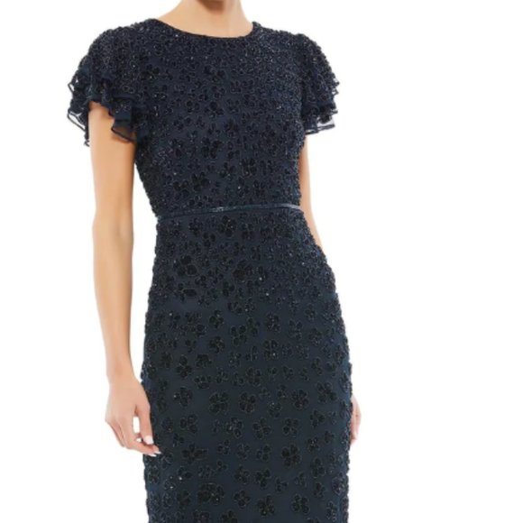 MAC DUGGAL 10771 FLOUNCE SLEEVE MIDI MIDNIGHT NAVY MIDI DRESS sz 6